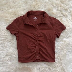 Hollister Burgundy Collared Ruched "Must-Have Collection" Button-Up Baby Tee